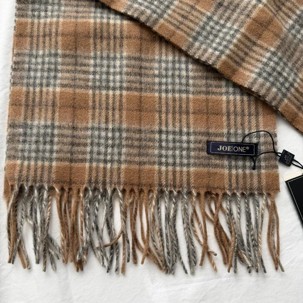 NWT JOE ONE 100% Cashmere Tan Gray Plaid Scarf